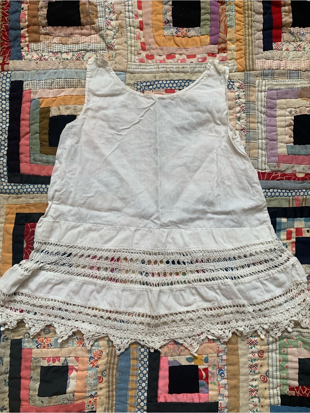 Adorable antique baby off-white cotton summer dress w/ crochet inlay & trim